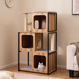 PETSITE 52-inch Wood Cat Tree for Indoor Cats, Multi-Level Solid Metal Framed Wooden Cat Tower with Sisal Scratching Posts and Pad, 3 Condos, and Top Platform with Cat Hole