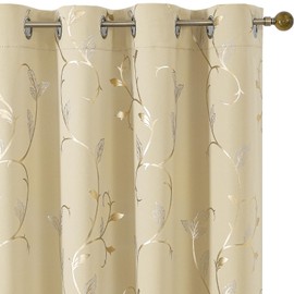 BUHUA Blackout Curtains Gold Foil Print Flower Vine Grommet Drapes, Room Darkening Thermal Insulated Curtains, Noise Reducing Blackout Curtain for Bedroom, Beige, 38Wx72L, 2 Panels
