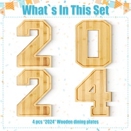 4pcs Wooden 2024 Charcuterie Numbers Fillable Graduation Decorations, Eco Natural, Wood Charcuterie Boards for Fruit Cheese Platter Vegetable Food Dish Plates, for High School College Party Supplies