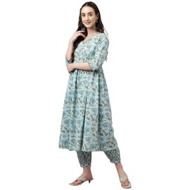 FIORRA Kurta acampanada de algodón puro con pantalón para mujer, Azul/claro, M
