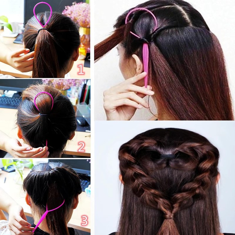 3pcs Topsy Tail Hair Tool, Pink Hair Looping Tool with