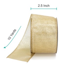 CT CRAFT LLC Light Gold Metallic Wired Ribbon 2.5 inch x 10 Yards for Christmas Home Decor Tree Topper Bow Gift Wrapping DIY Crafts Wreath Garland Wedding
