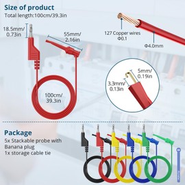 ALLmeter 5 Color Stackable Banana Plug Test Hooks & Leads Kit - 10A Current Test Cables with 1M Insulated Wires Alligator Clips for Multimeter,Oscilloscope,Lab/Repair Shop Essentials