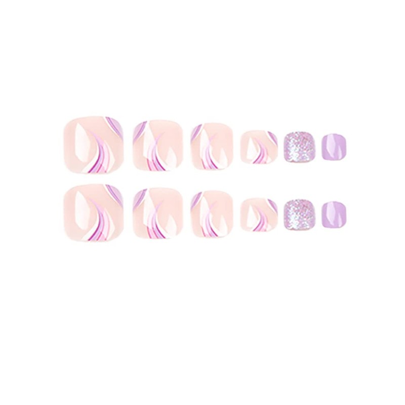 Clataly 24pcs Square Flowers Fake Nails Glossy Glitter Toe Print