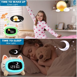 QingHong Kids Alarm Clock Wake Up Light for Kids, Toddlers Night Light Clock for Bedroom, Cat Alarm Clock with Sleep Training and Sound Machine for Boy Girls Children