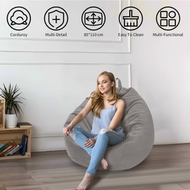 Bean Bag Chair Cover Corduroy Soft Stuffed Animals Storage Bean Bag Sofa Cover for Kids Adults Pets Dogs Cats (Light Grey)