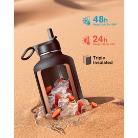 Half Gallon Insulated Water Bottle with Straw & 3 Lids, Coolflask 64 oz Water Jug Large Metal Stainless Steel Wide Mouth for Sports, Gym or Office, Non-BPA Keep Cold 48H Hot 24H, Piano Night