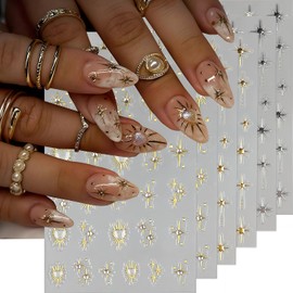6 Sheets Star Nail Stickers for Nail Art, Shiny Crystal Diamond Stars Heart Silver Gold Self-Adhesive Nail Art Stickers Decals Design Everyday Salon Nail Art DIY Decoration Supplies for Women