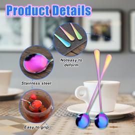 Oruola 4 Pcs Long Teaspoons,Sundae Spoons，Long Spoons for Latte Glasses,Stainless Long Handled Teaspoon for Coffee, Tea, Desserts, Ice Cream, and More - 7.48 Inches (Rainbow Color)