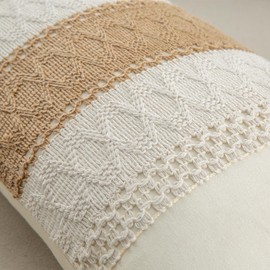 1758studio Decorative Throw Pillow Covers, Boho Beige Throw Lumbar Pillow Covers (Beige and Brown Striped 1PC)