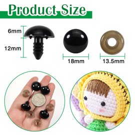 TOAOB - 150 ojos de seguridad de plástico negro de 18 mm para manualidades, ojos de seguridad con arandelas para animales de peluche, Amigurumis, Crochet Bears para hacer muñecas