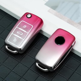 OATSBASF Gradient TPU Car Key Case for VW, for VW Golf Key Box, 3-Button Key Case Cover for VW Polo, Passat, Skoda & Seat (Gradient Pink)