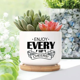 DecStic Enjoy Every Sip Cheers Ceramic Planters Bible Verse Planters for Indoor Plants with Drainage Holes and Saucers Pot for Succulents Cactus Garden Windowsill