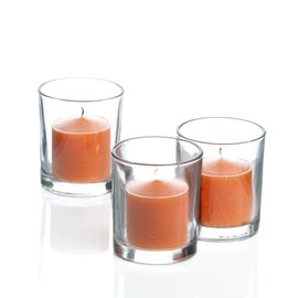 Set of 12 Orange Citrus Scented Richland Votive Candles and 12 Clear Glass Eastland Votive Holders