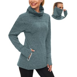 Soneven Womens Thermal Fleece Sweatshirt Long Sleeve Cowl Neck Shirts with Thumbholes Turtle Neck Running Shirts with Thumb Holes Green X-Large