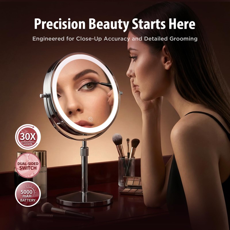 9 Inch Double-Sided Makeup Mirror, 1X/30X, 3 LED Lights, 5000mAh