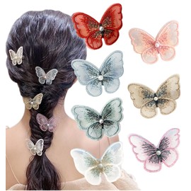 Herbeluemily Hair Clip, Butterfly, Lace, Embroidery, Bangs Clip, Party, Wedding, Recitals, Adult, Korean B, Set of 7 (Pink, Gold, Purple, Red, Blue, Green, White)