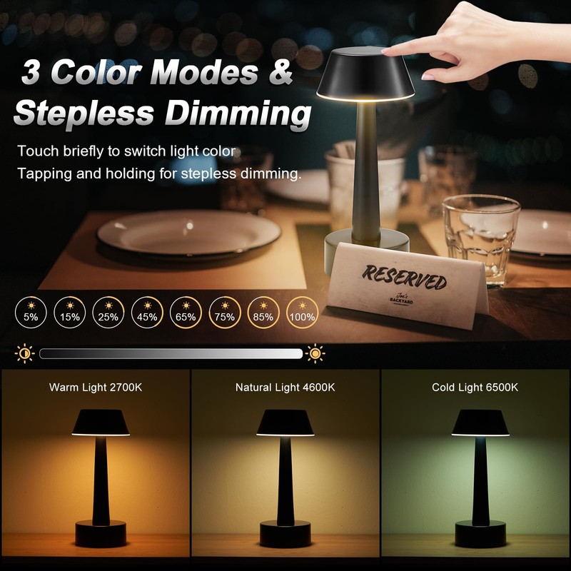 2 Pack Small Cordless Table Lamp, Battery Operated Black Lamp