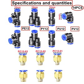 HUAZIZ 5m PU Pneumatic Hose, Blue, 12mm OD x 8mm ID, with 14 Pneumatic Connectors