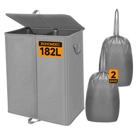 BOHOMDEC 182L Oversized Double Laundry Hamper with Lid and Removable Laundry Bags,30" Tall Laundry Basket 2 Section,Dirty Clothes Hamper 2 Dividers for Bedroom,Laundry Room,Bathroom,Dorm Grey
