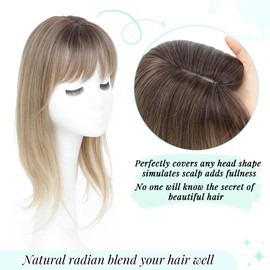 Fine Plus 360° 3D Cover Clip in Fringe, 18 Inch Synthetic Hair Topper with Fringe Upgrade 4"x5" Breathable Base Layered Straight Fake Hair Versatile Styling (Brown Blonde with Dark Root)