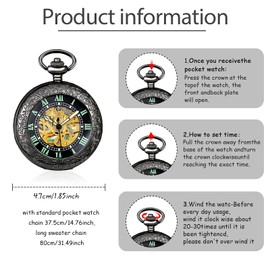 SUPBRO Women's Men's Pocket Watch Retro Mechanical Chain Watch Luminous Automatic Pocket Watch with Necklace Pullover Chain, black, vintage" or "retro