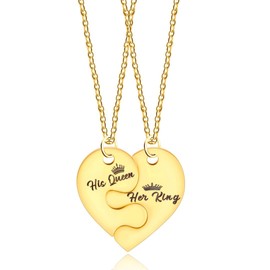 JunyiDIY Gold Color Stainless Steel His Queen Her King Matching Puzzle Heart Necklace for Boyfriend and Girlfriend, His Hers Gold Plated Queen King Necklace Pendant for Couples Y3663