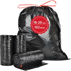 Geiteoa 18-20 Gallon Trash Bags with Drawstring (102 Count) High Density Large Black Garbage Bags, Strong Plastic Trash Can Liners for Kitchen Lawn Commercial