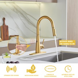 Tohlar Gold Touchless Kitchen Faucet with Pull Down Sprayer, Modern Stainless Steel Side Sensor Faucet for Sink 3 Hole, Single Handle Kitchen Sink Faucets with Deck Plate, Brushed Gold