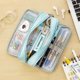 Big Capacity Pencil Case, OLIYuMi 3 Compartment Pencil Pouch Pencil Bag Storage Box Stationery Organizer Makeup Bag with Zipper Closure for Student Office College Boys and Girls (Blue)