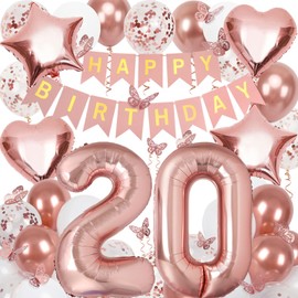 20th Birthday Decorations for Girls, Rose Gold 40 Inch Number 20 Foil Birthday Balloons with Happy Birthday Banner and Butterfly Stickers