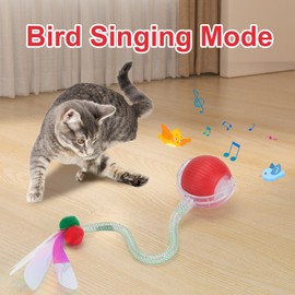 Interactive Cat Toy for Indoor Cats,Agile Automatic Moving Cat/Kitten Ball with Elastic Mesh Tail,Electric Toy Ball Chirping Bird Self Rolling Speed Moving Tail 2.0 3.0 (red ball green tail)
