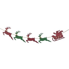 Santa and Reindeer in Sleigh Red Green Distress Painted Metal Christmas Garland