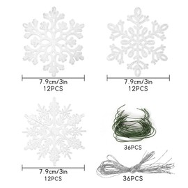 Pack of 36 Snowflakes Christmas White, Glitter Snowflakes Decoration, Snowflakes Plastic Christmas Tree, Snowflakes for Hanging Christmas Tree Decorations Christmas Decoration