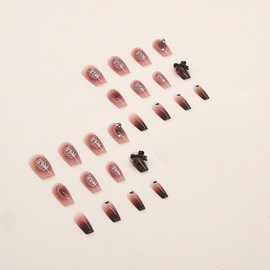 Long Press on Nails Coffin Gradual Red Fake Nails with Delicate Roses and Bow Charm Designs Glitter Acrylic Glue on Nails Nail Supplies for Women Girls 24Pcs