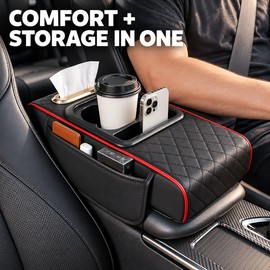 Car Center Console Armrest Storage Box with Heightening Cushion and Cup Holder