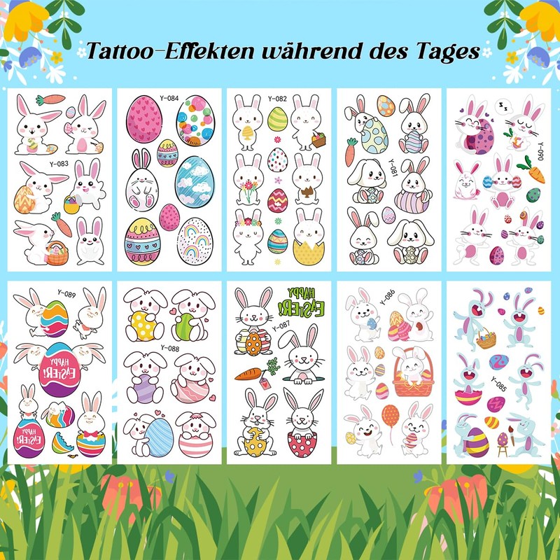 Children's Easter Tattoos, 10 Sheets of Luminous Easter Eggs Tattoos,