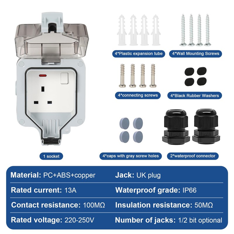 Jadeshay 1 Way Outside Socket Outdoor Plug Sockets Waterproof Wall