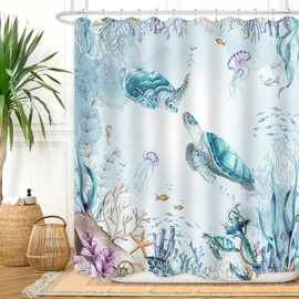 ZXMBF Watercolor Sea Turtle Shower Curtain 72Lx60W Inch Blue Teal Ocean Coastal Colorful Underwater Fish Jellyfish Starfish Shell Fabric Home Bathroom Waterproof Fabric with Plastic 12PCS Hooks