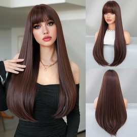 TRUMOST Auburn Wig with Bangs Long Straight Reddish Brown Synthetic Wig for Women Natural Looking Heat Resistant Fiber Hair Wig for Daily Party Use 28 Inch