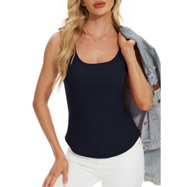 QUEZHU Women Tank Tops Basic Seamless Ribbed Sleeveless Square Neck Workout Top Summer Exercise Yoga Gym Shirts,Navy Blue,XX-Large