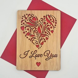 Second Ave Bamboo Wooden I Love You Heart Laser Engraved Keepsake Anniversary Birthday Valentine's Christmas Greetings Card