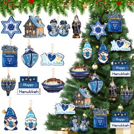 FairySandy 36 Pcs Hanukkah Ornaments Happy Chanukah Hexagram Gnome Menorah Dreidel Hanging Wooden Ornament Decorations Jewish Decor Crafts Pendant Signs for Home Christmas Tree Decoration Gift