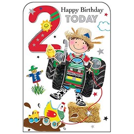 Jonny Javelin Boy Age 2 Birthday Card -Tractor Farm Animals