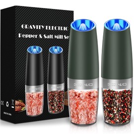Sweet Alice Gravity Electric Pepper and Salt Grinder Set, Adjustable Coarseness, Battery Powered with LED Light, One Hand Automatic Operation, Dark Green, 2 Pack