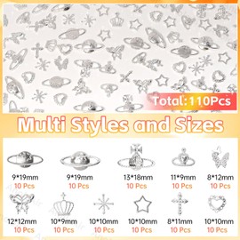 110 Pcs Silver Nail Charms, Cross Star Crown Nail Charms and Gems, 3D Butterfly Bows Saturn Planet Y2K Nail Art Charms, Alloy Silver Nail Bows Charms for Acrylic Nails DIY Supplies