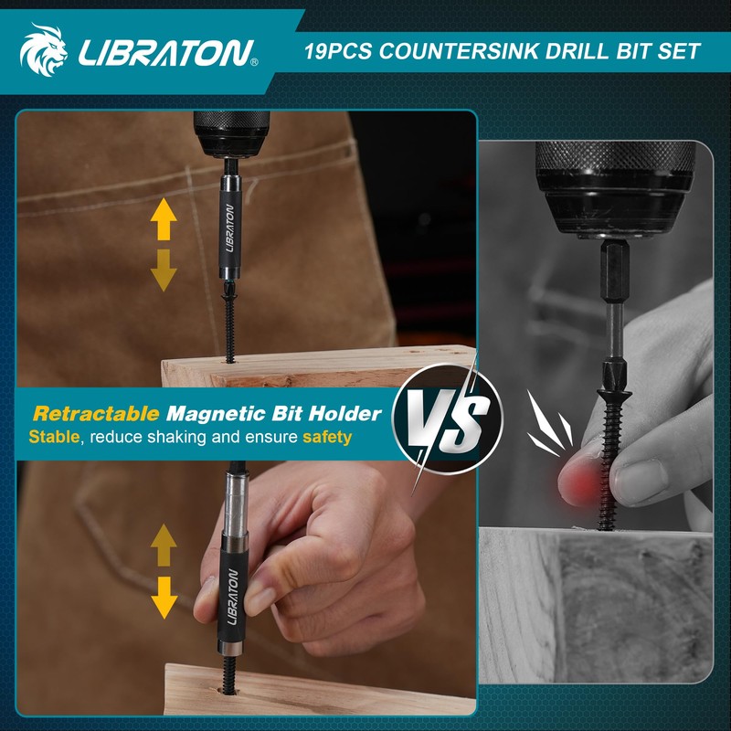 Libraton Countersink Drill Bit Set, 19 PCS Tapered Drill Bits