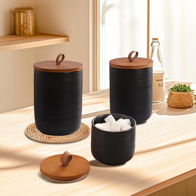 Food Storage Jar Strong Ceramic Storage Canisters with Airtight Wooden