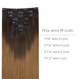 WENNALIFE Clip in Hair Extensions Real Human Hair, 12 Inch 80g 7pcs Remy Hair, Ombre Dark Brown to Light Chestnut Brown Straight Natural Extensiones De Cabello Humano Con Clip Ins