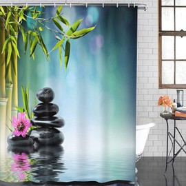 ArtSocket Tower Black Stone Hibiscus Bamboo Bathroom Set with Shower Curtain and Rugs Accessories, Water Beautiful Floral Shower Curtain Set,Tropical Shower Curtain for Bathroom Decor 4 Pcs